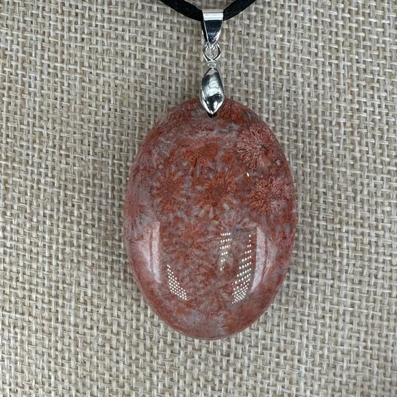 Orange and Pink/Lavender Coral Fossil Oval Pendant on Black Satin Rope - Picture 5 of 12